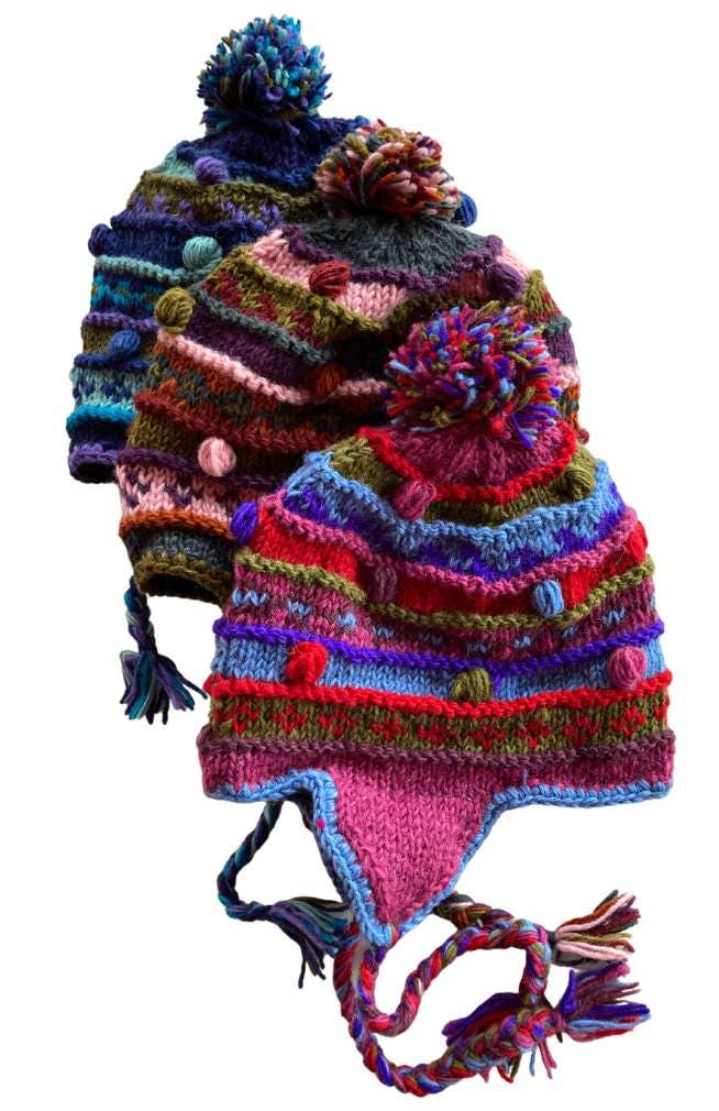 Wool Knit Earflap Hat w/Stripes & Babbles, Fleece Lined