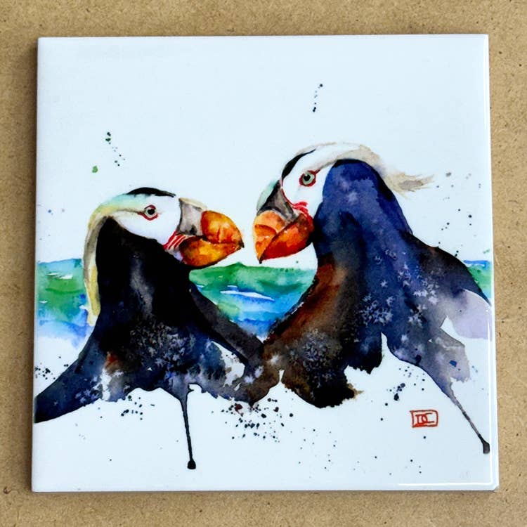 The Art of Dean Crouser Greeting Cards & Stickers - Ceramic Coaster 'PUFFIN PAIR': Ceramic Coaster (2 per image)
