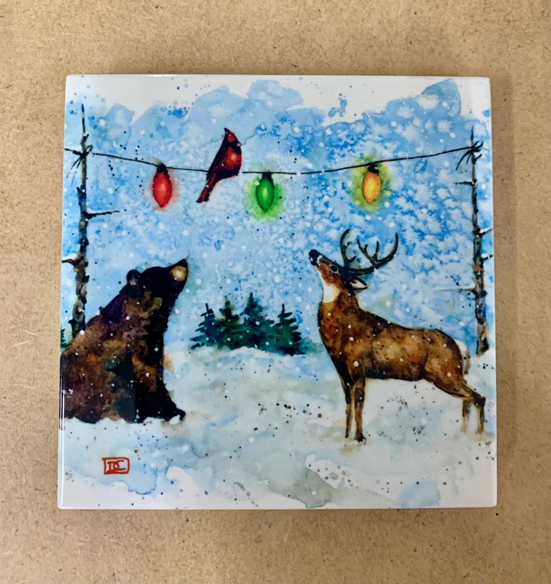 The Art of Dean Crouser Greeting Cards & Stickers - Ceramic Coaster 'BEAR, DEER & CARDINAL': Coasters (2 Per Image)