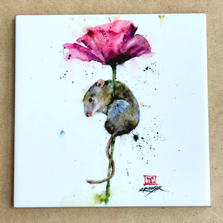 The Art of Dean Crouser Greeting Cards & Stickers - Ceramic Coaster 'MOUSE & FLOWER': Coaster (2 per image)